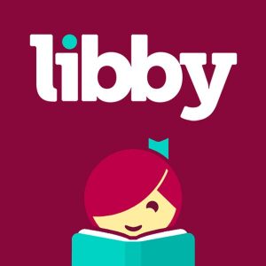 The "Libby" app logo, featuring white text on a maroon background. Underneath is a stylized person reading a book.