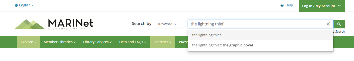 A screenshot of our catalog website with "the lightning thief" in the search bar.