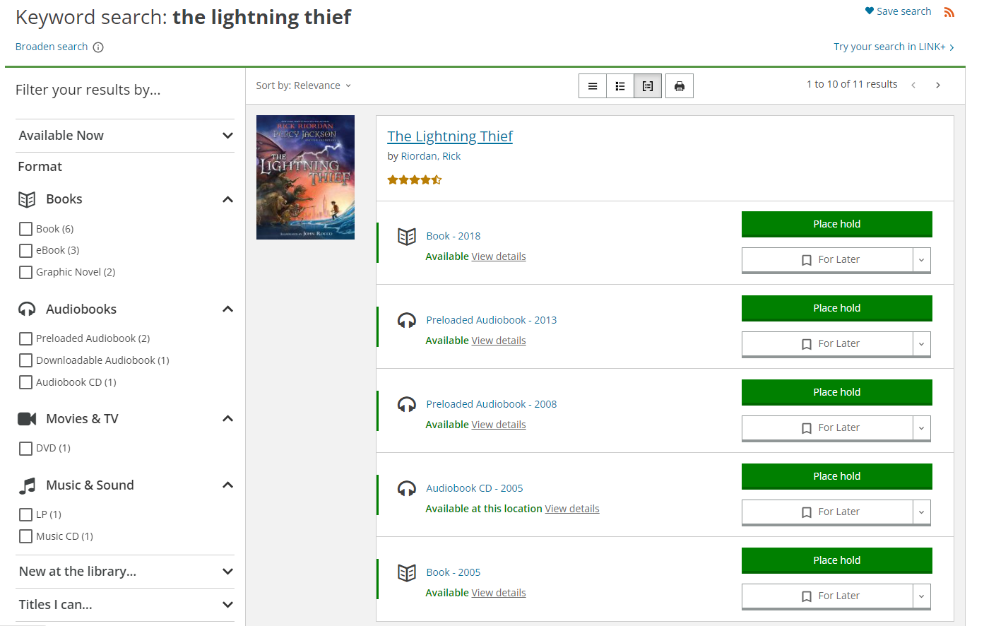 The entry for The Lightning Thief in the catalog's search results, showing a variety of formats.
