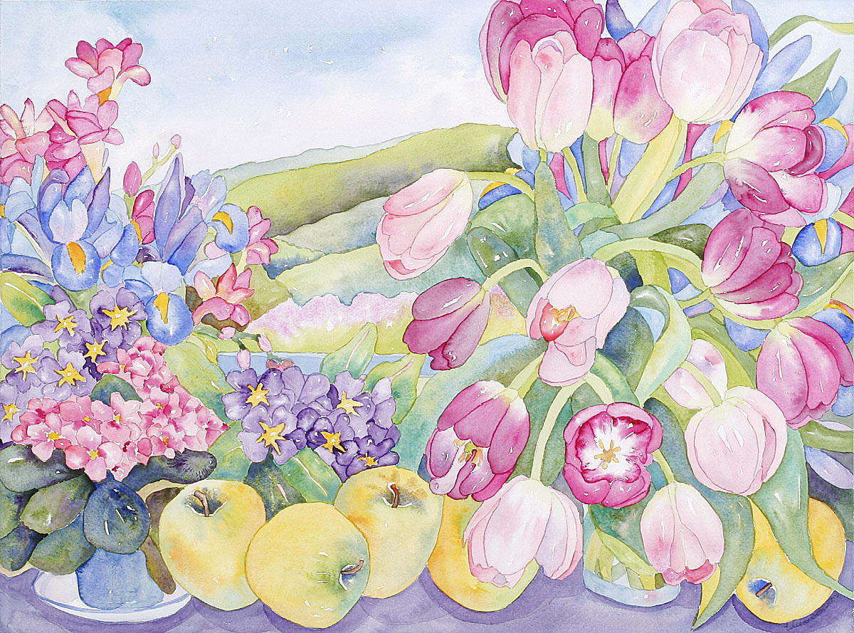 A watercolor painting of spring flowers and some fruits in soft colors.