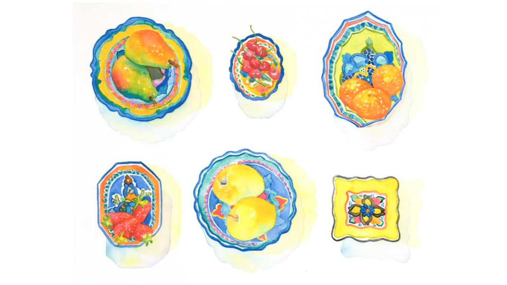 A watercolor painting of six different colorful dishes.