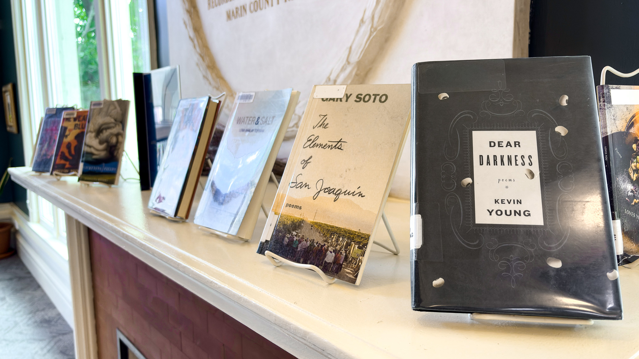 National Poetry Month book selection sitting on top of fireplace mantle.